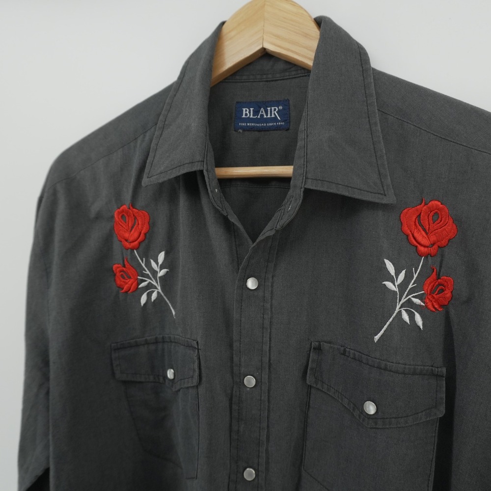 Blair Western Snap Shirt Mens XL Grey Red Rose Embroidered Pearl Snap Floral